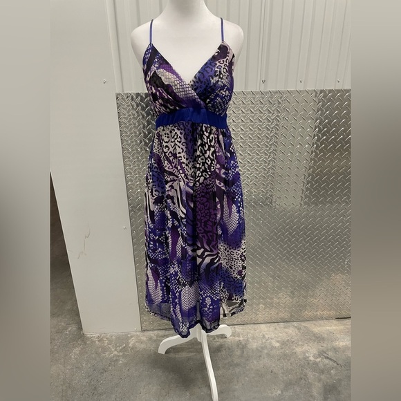 Y2K Blue Purple Animal Print Babydoll Midi Dress Medium Dance Hoco Prom Formal - Picture 1 of 8